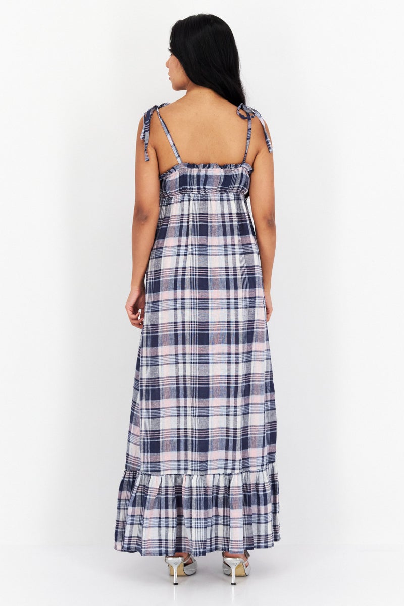 Women Checkered Maxi Dress, Navy Blue/Pink