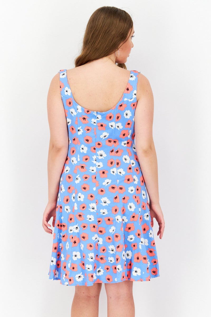 Women Floral Print Mini Dress, Blue Combo