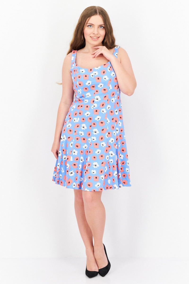 Women Floral Print Mini Dress, Blue Combo