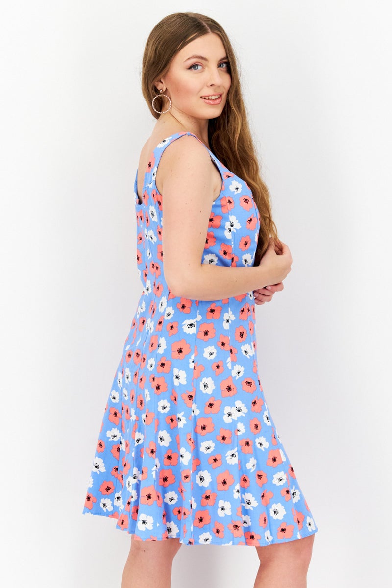 Women Floral Print Mini Dress, Blue Combo