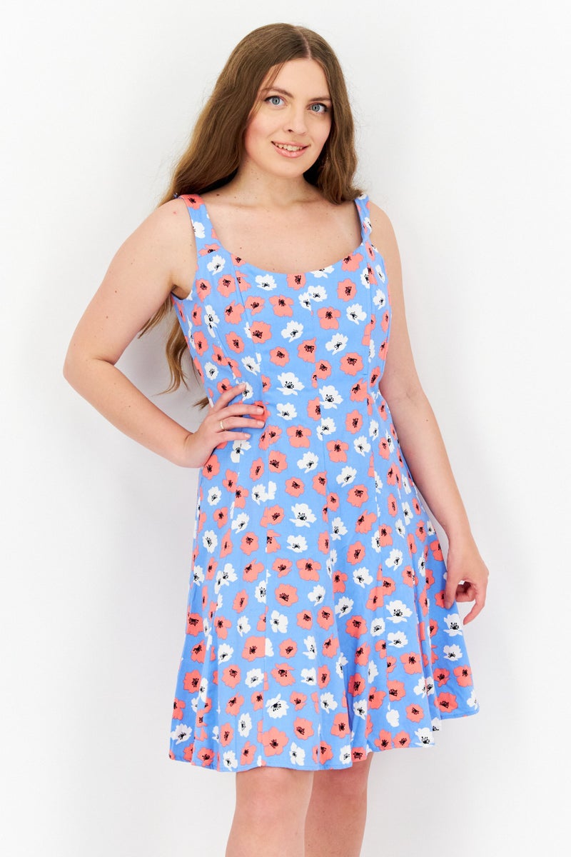 Women Floral Print Mini Dress, Blue Combo