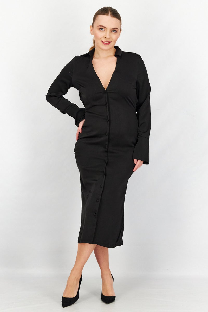 Women Plain Cut Out Back Midi Dress, Black