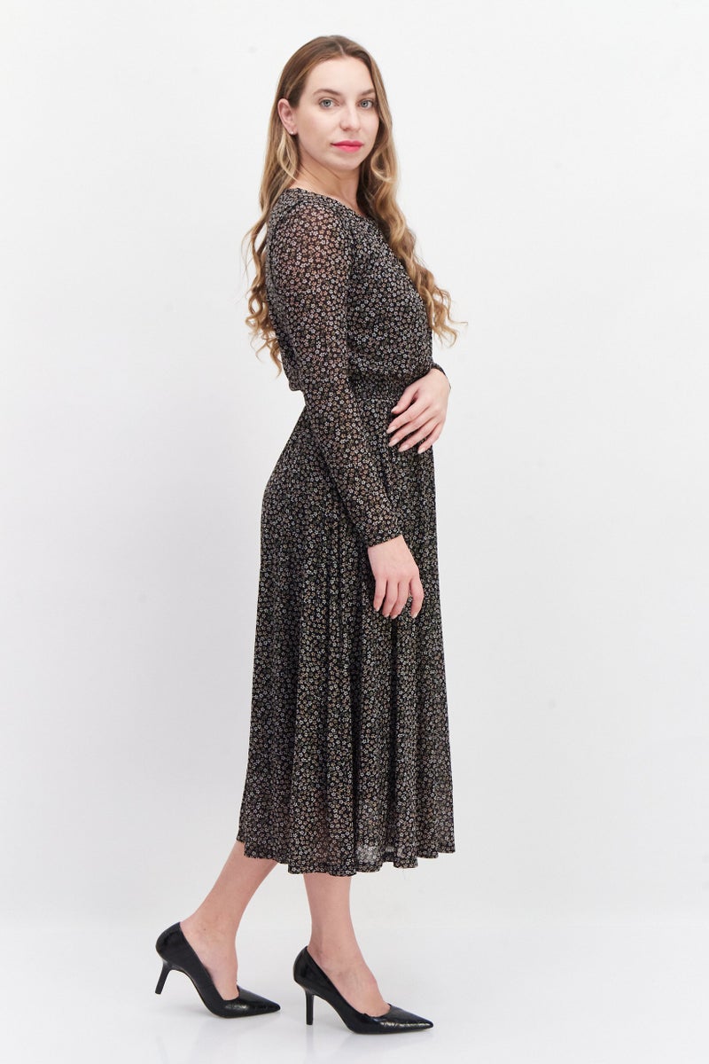 Women Allover Print Midi Casual Dress, Black Combo
