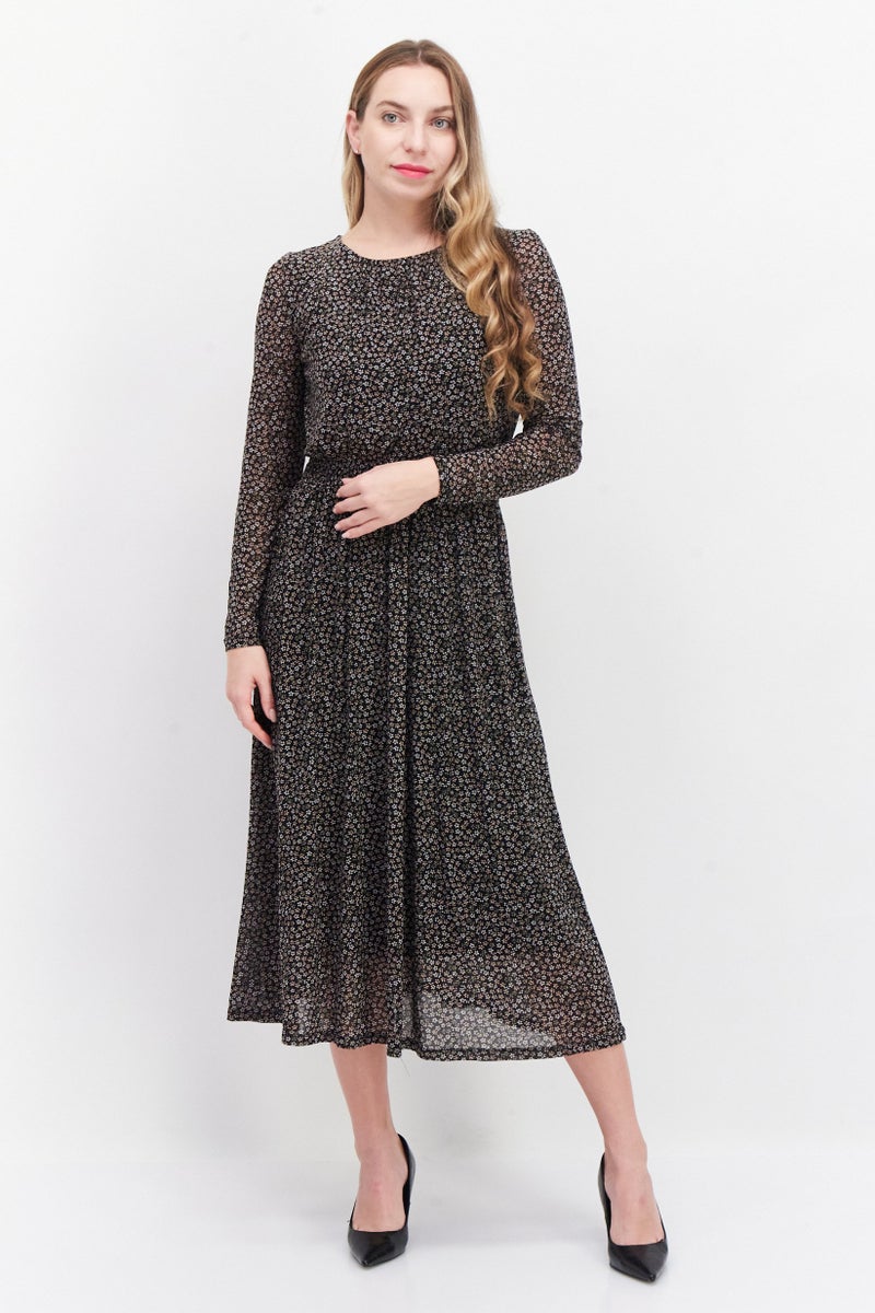 Women Allover Print Midi Casual Dress, Black Combo