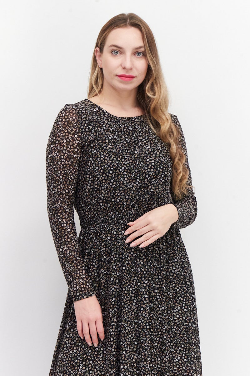 Women Allover Print Midi Casual Dress, Black Combo