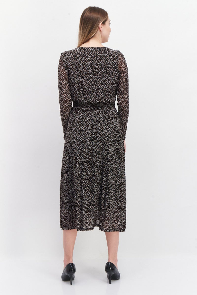 Women Allover Print Midi Casual Dress, Black Combo