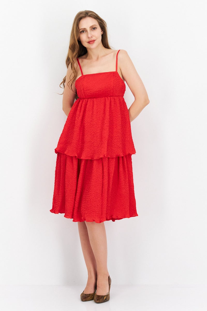 Women Petite Textured Tiered Dress, Red