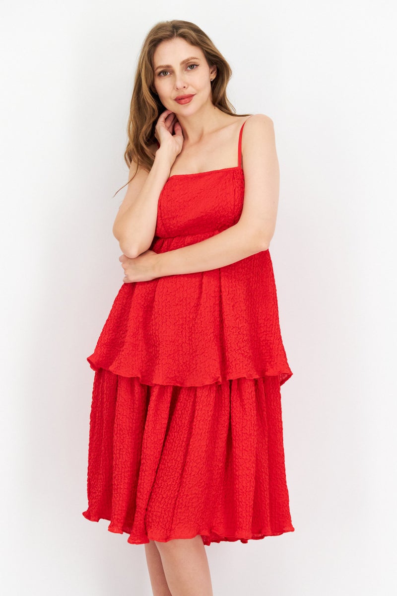 Women Petite Textured Tiered Dress, Red