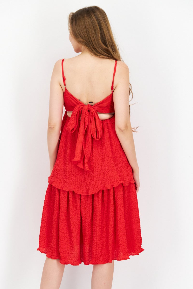 Women Petite Textured Tiered Dress, Red