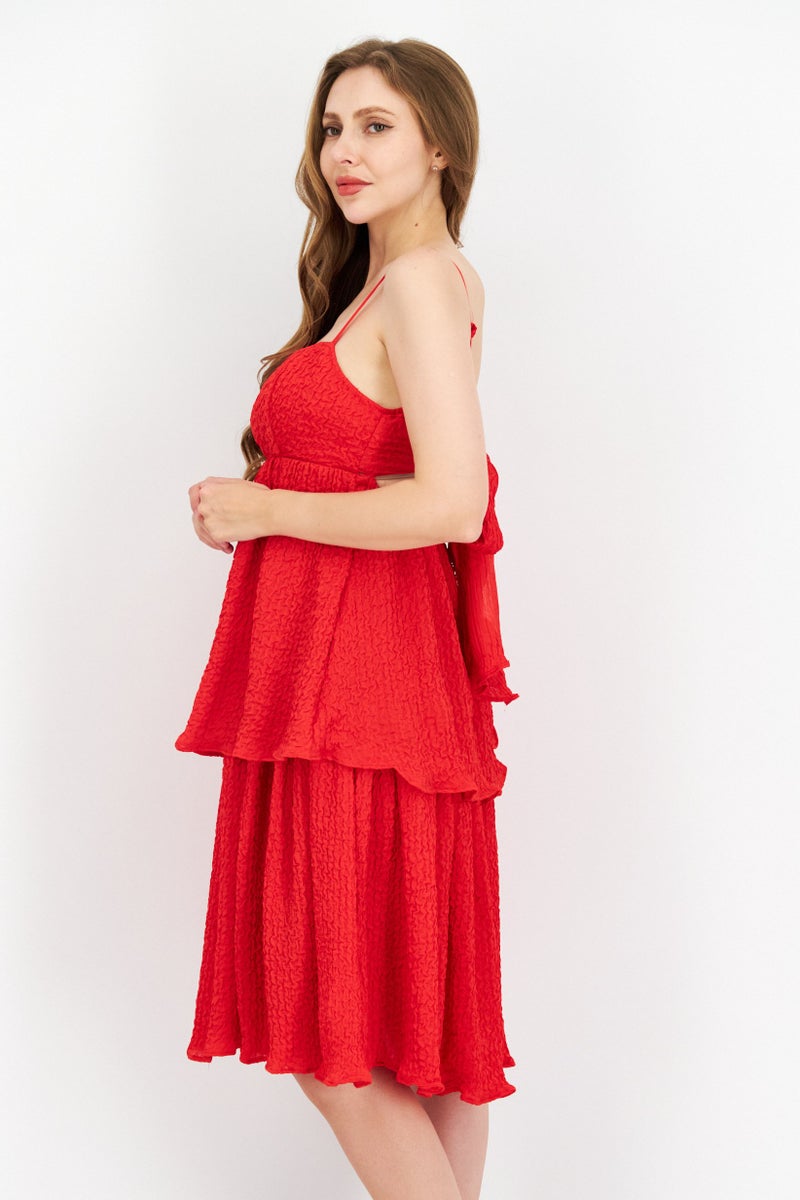Women Petite Textured Tiered Dress, Red