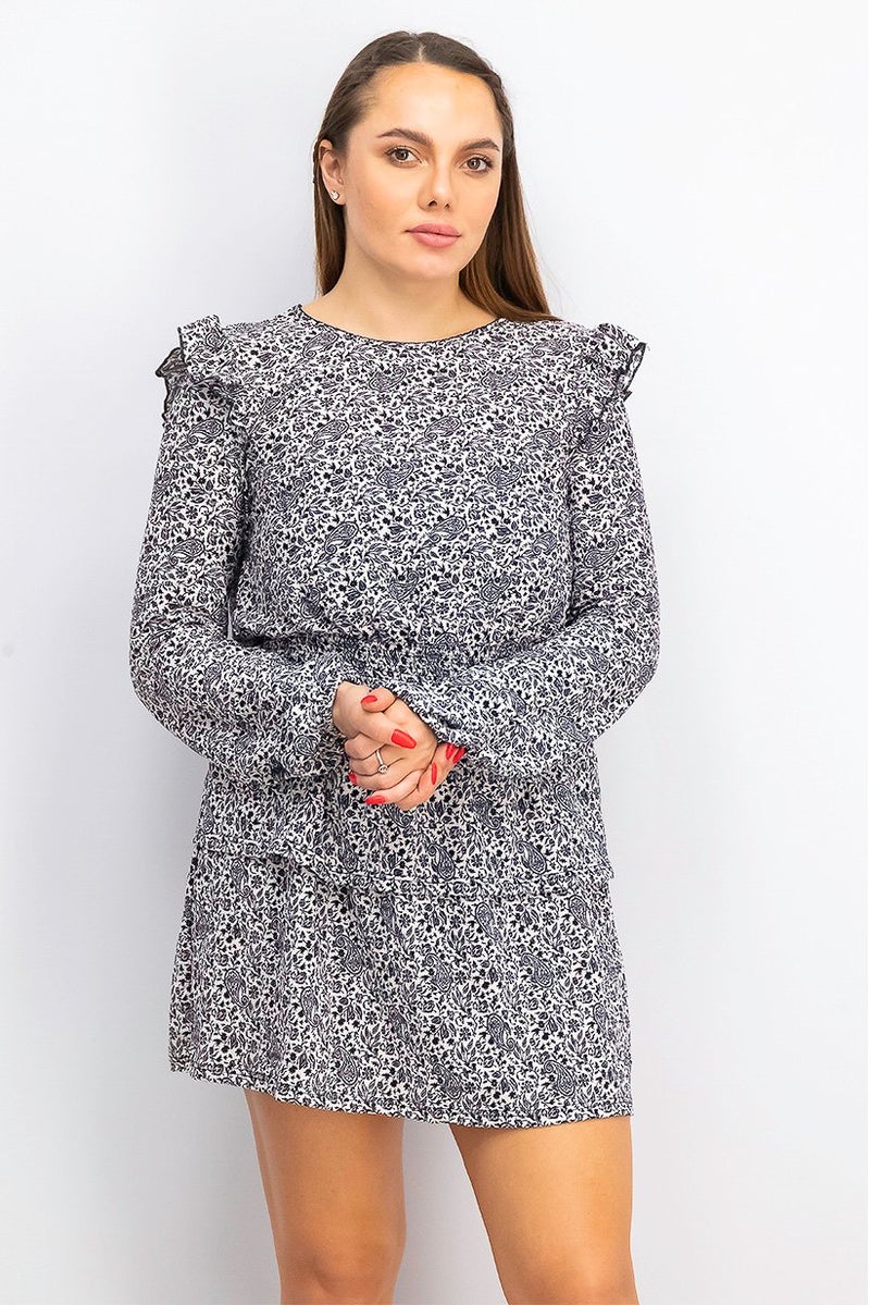 Women Floral Print Long Sleeve Ruffle Dress, Black and White