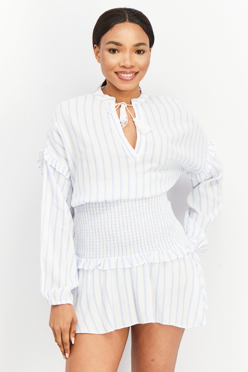 Women Stripe Long Sleeve Mini Dress, White/Blue