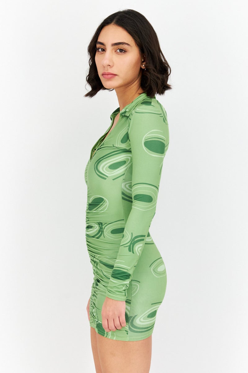 Women Allover Print Long Sleeves Mini Dress  , Green Combo