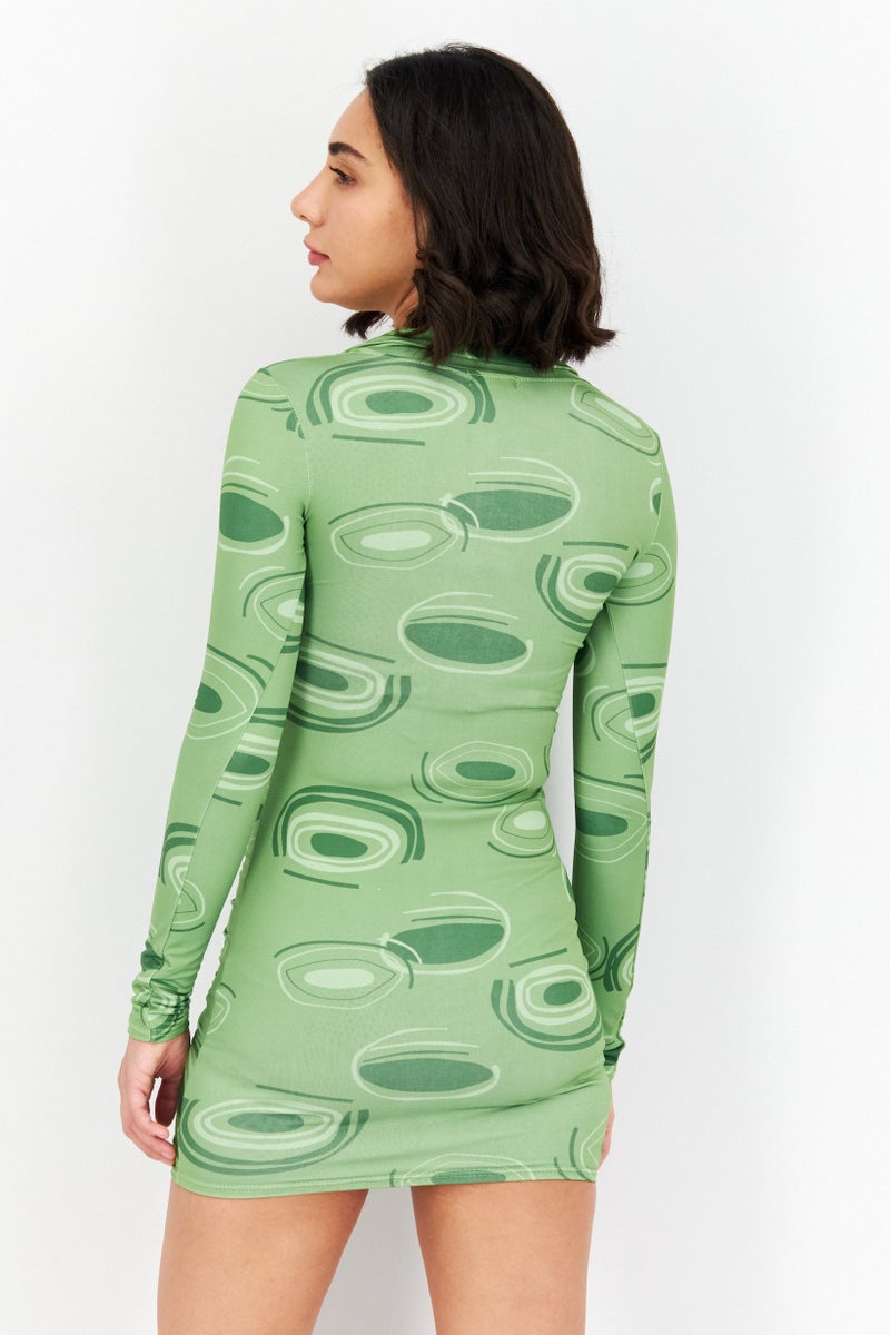Women Allover Print Long Sleeves Mini Dress  , Green Combo