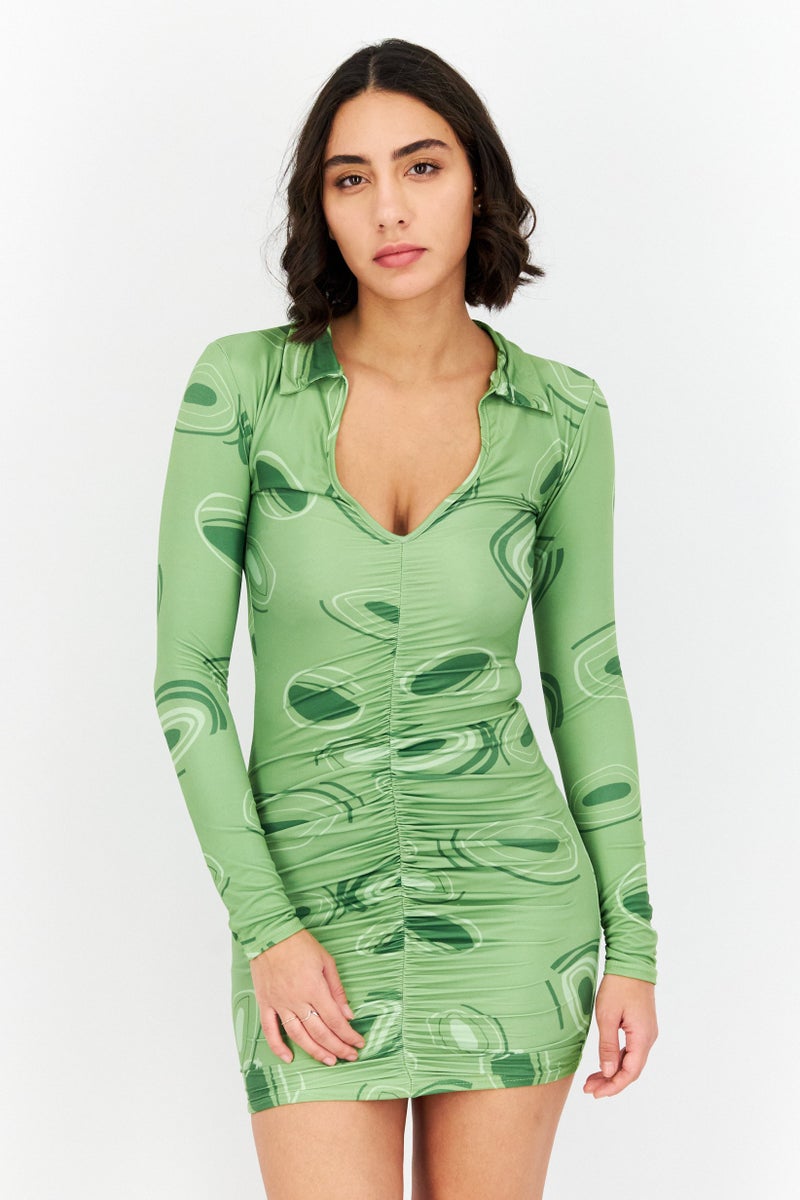Women Allover Print Long Sleeves Mini Dress  , Green Combo