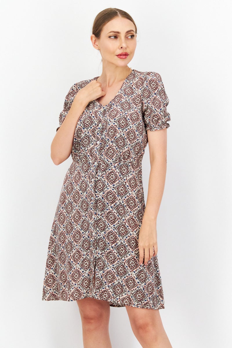 Women Allover Printed Mini Dress, Beige Combo