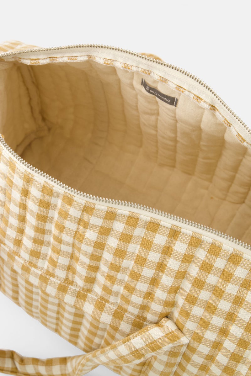 Gingham Print Weekend Bag 40 x 24 x 22 cm, White/Tan