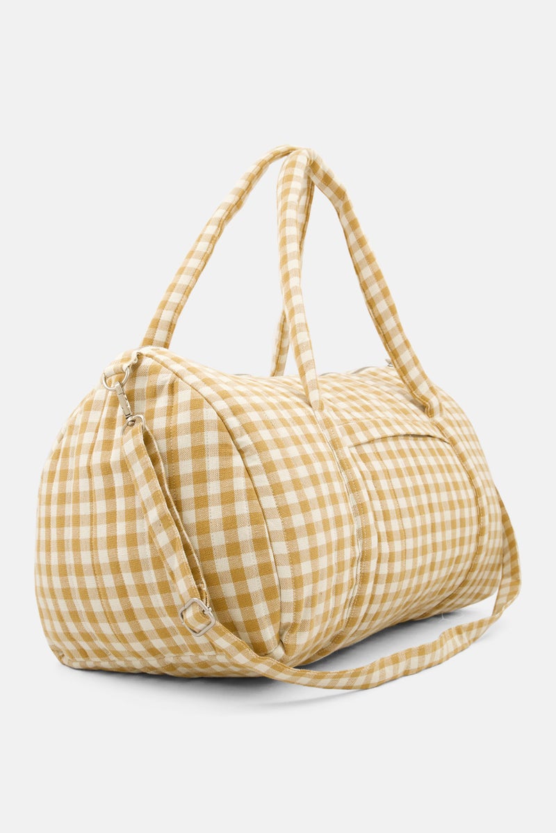 Gingham Print Weekend Bag 40 x 24 x 22 cm, White/Tan