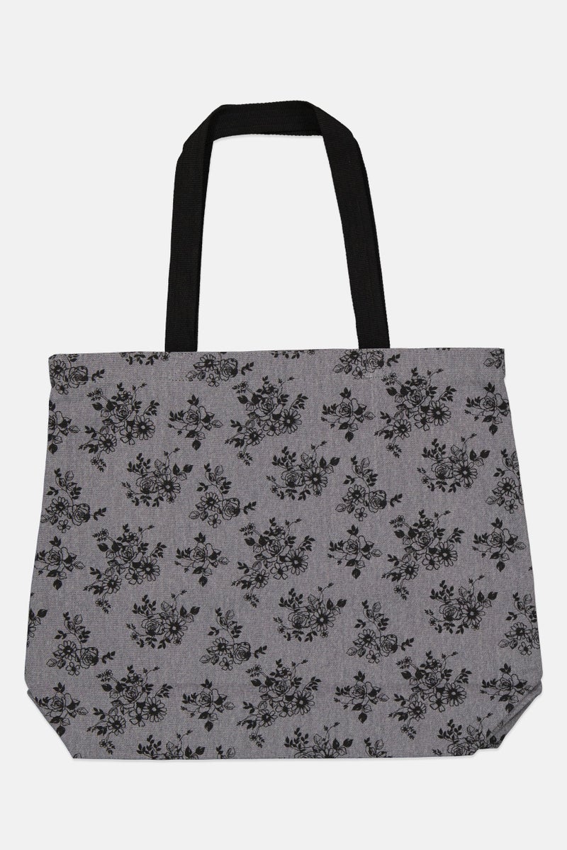 Women Floral Tote Bag 45H x 55 L x 17 W Cm, Grey/Black