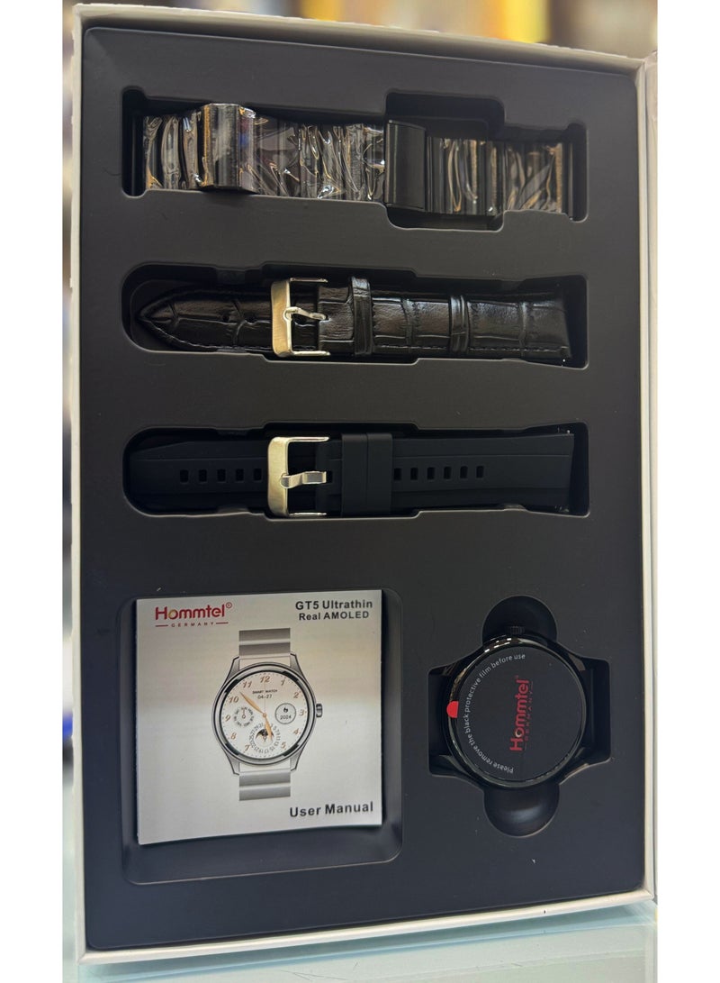 Hommtel GT5 Ultrabithin Smartwatch 1.53 Inch Real AMOLED Display 7.8mm Thickness With 3 Pair Straps and Wireless Charger For Gents and Boys Black