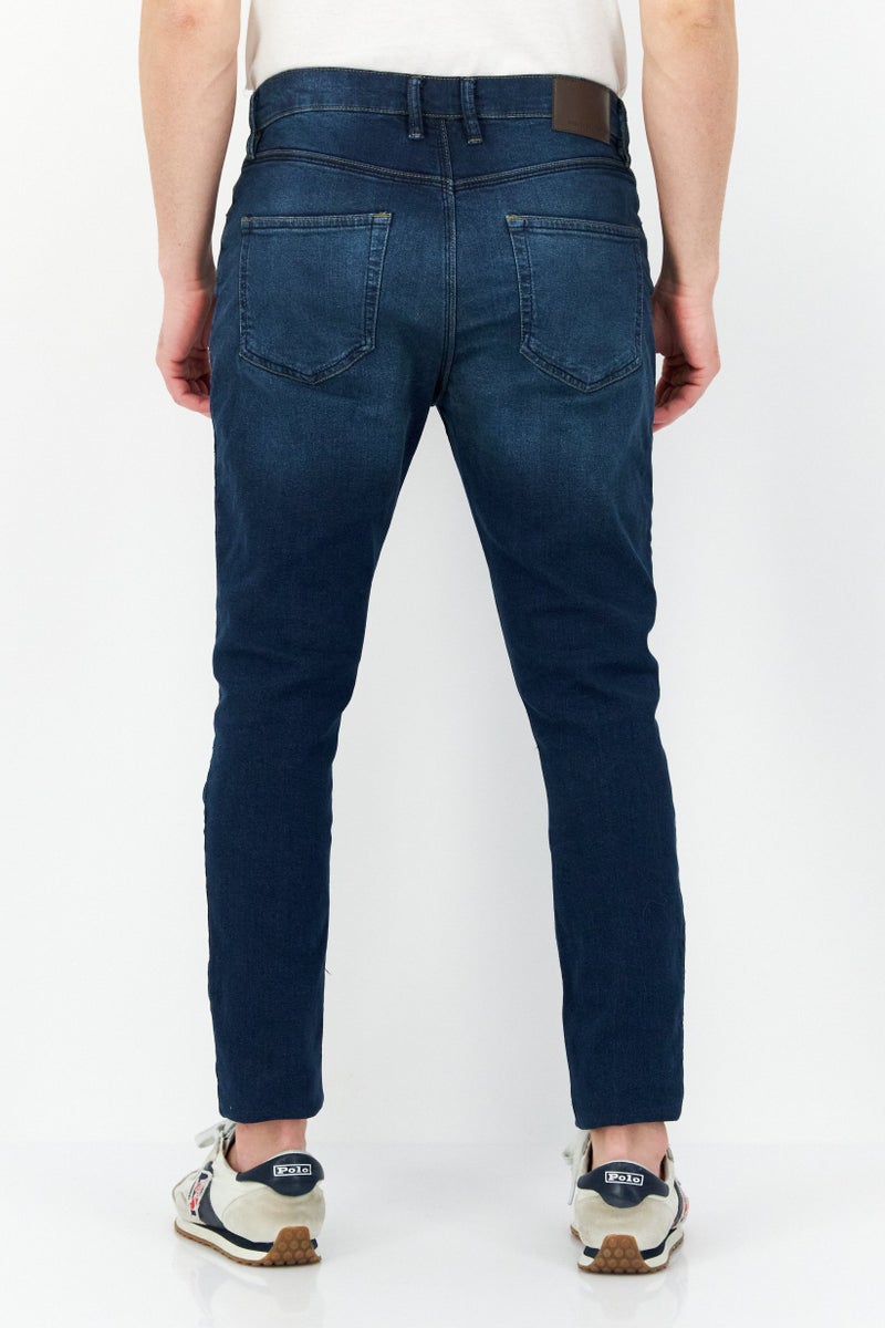 Men Skinny Fit Washed Button Fly Stretchable Jeans, Med Dark Blue