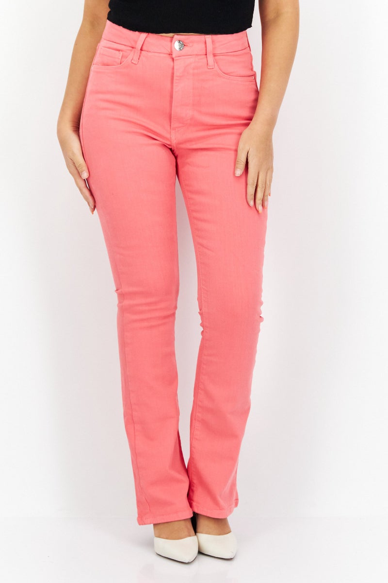 Women Regular Fit Plain Stretchable Short Denim Jeans, Coral