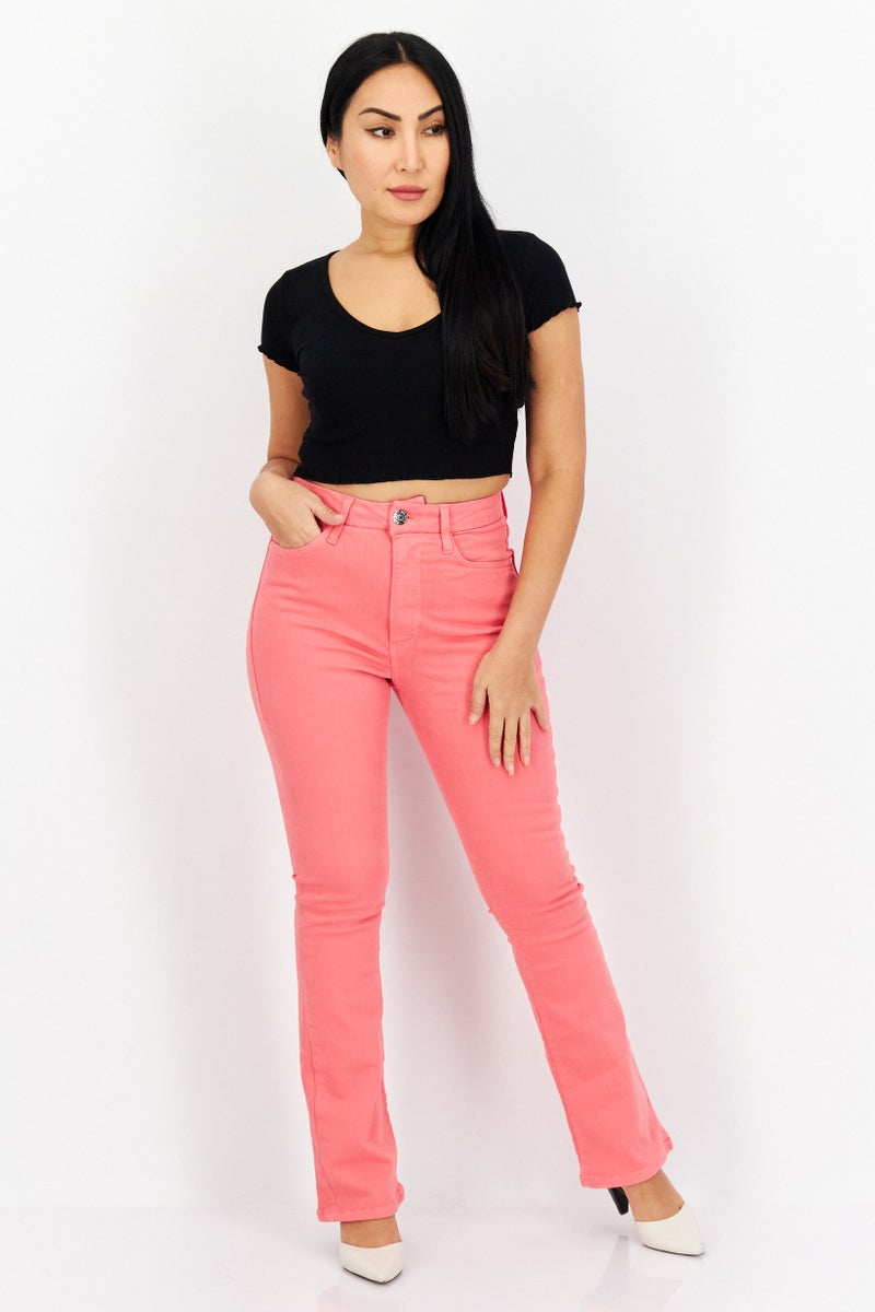 Women Regular Fit Plain Stretchable Short Denim Jeans, Coral