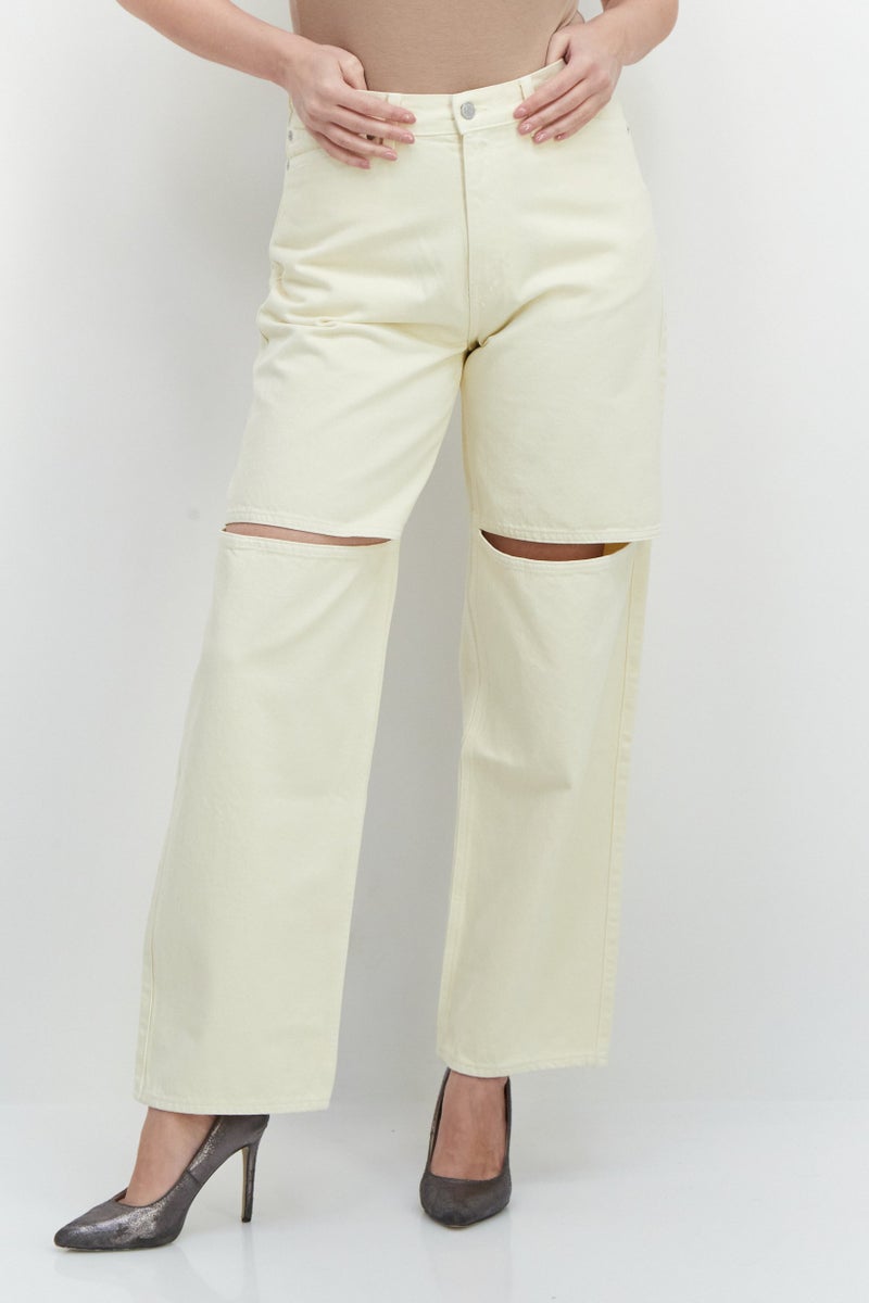 Women Regular Fit Mid Rise With Slit Knee Carpenter Jeans, Cream