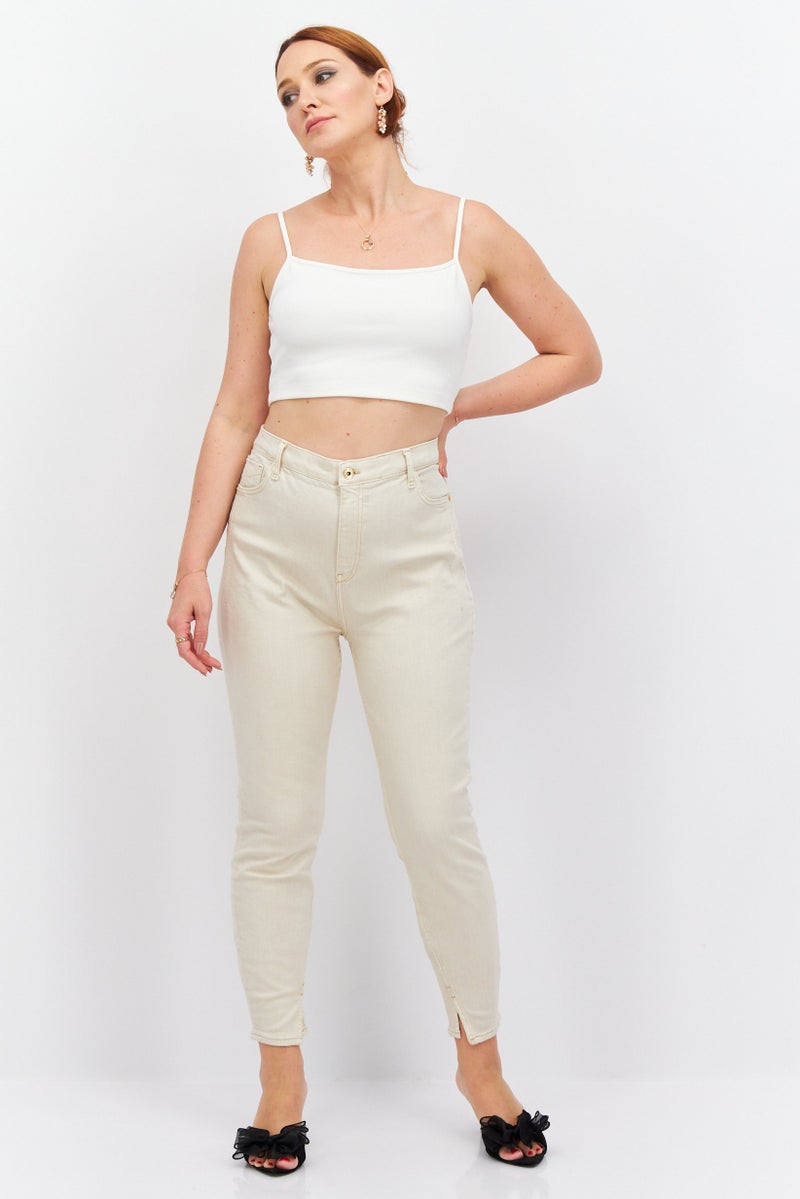 Women Skinny Fit Plain Stretchable Jean, Beige