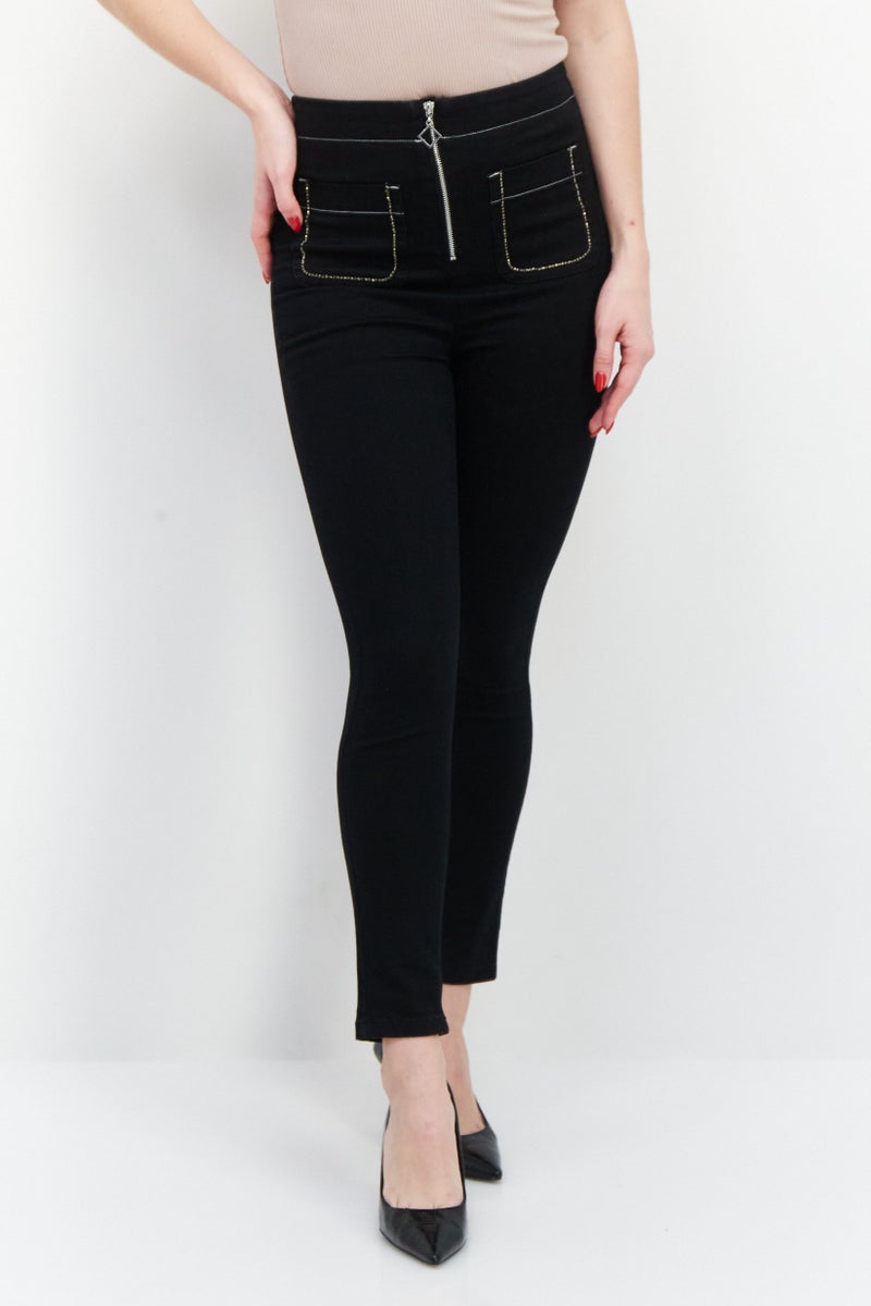 Women Slim Fit Studded Stretchable Jeans, Black