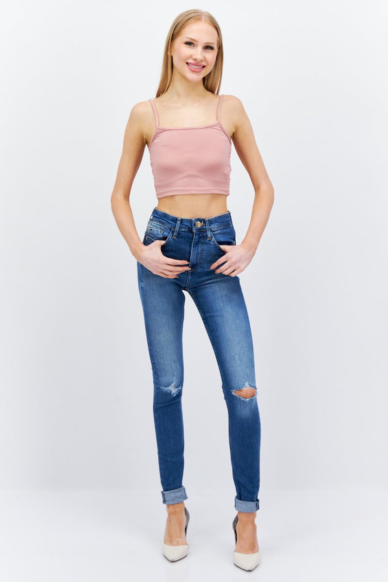Women High Rise Extra Long Inseam Skinny Jeans, Blue