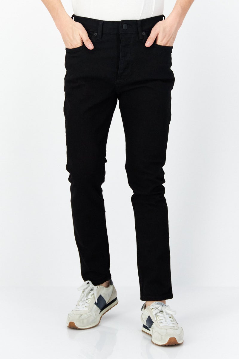 Men Skinny Fit Solid Button Fly Stretchable Jeans, Black