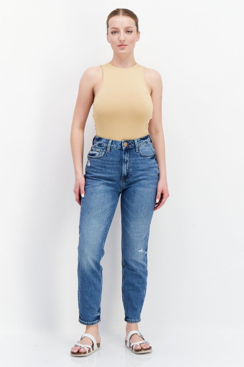 Women Mom Fit Stretchable Denim Jeans, Blue