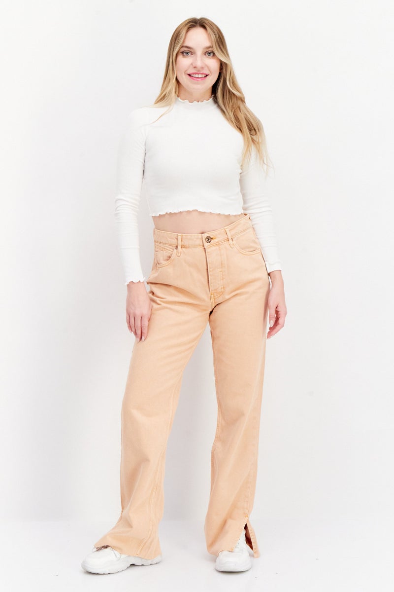 Women Long Plain Non-Stretchable Jeans, Light Orange