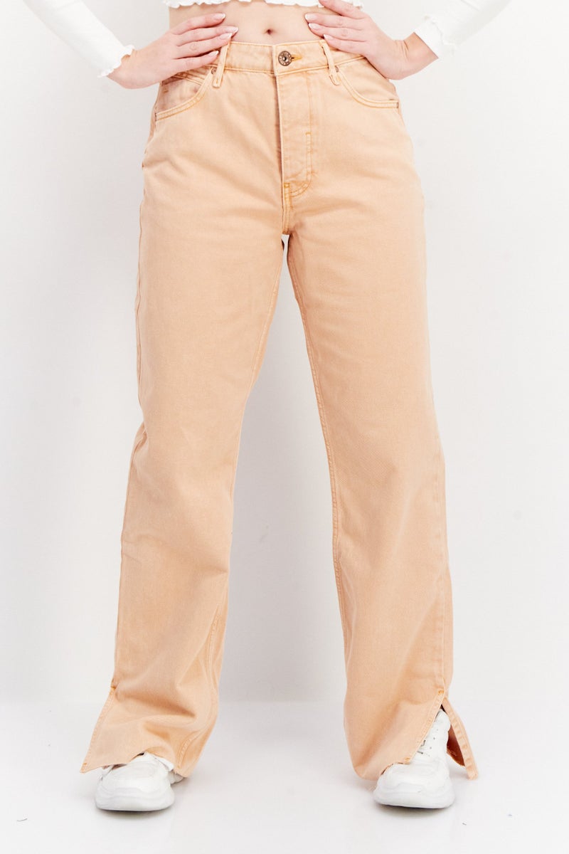 Women Long Plain Non-Stretchable Jeans, Light Orange