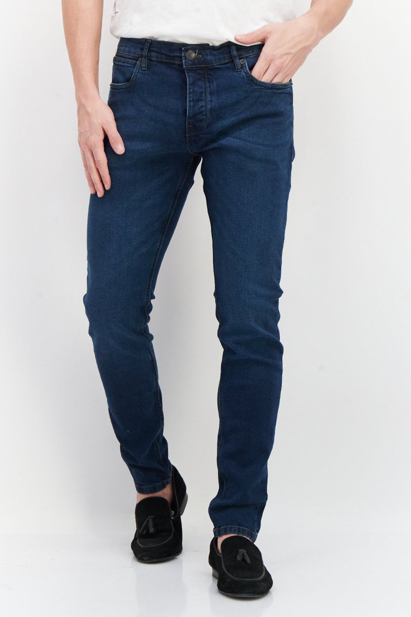 Men Skinny Fit Washed Button Fly Stretchable Jeans, Med Dark Blue