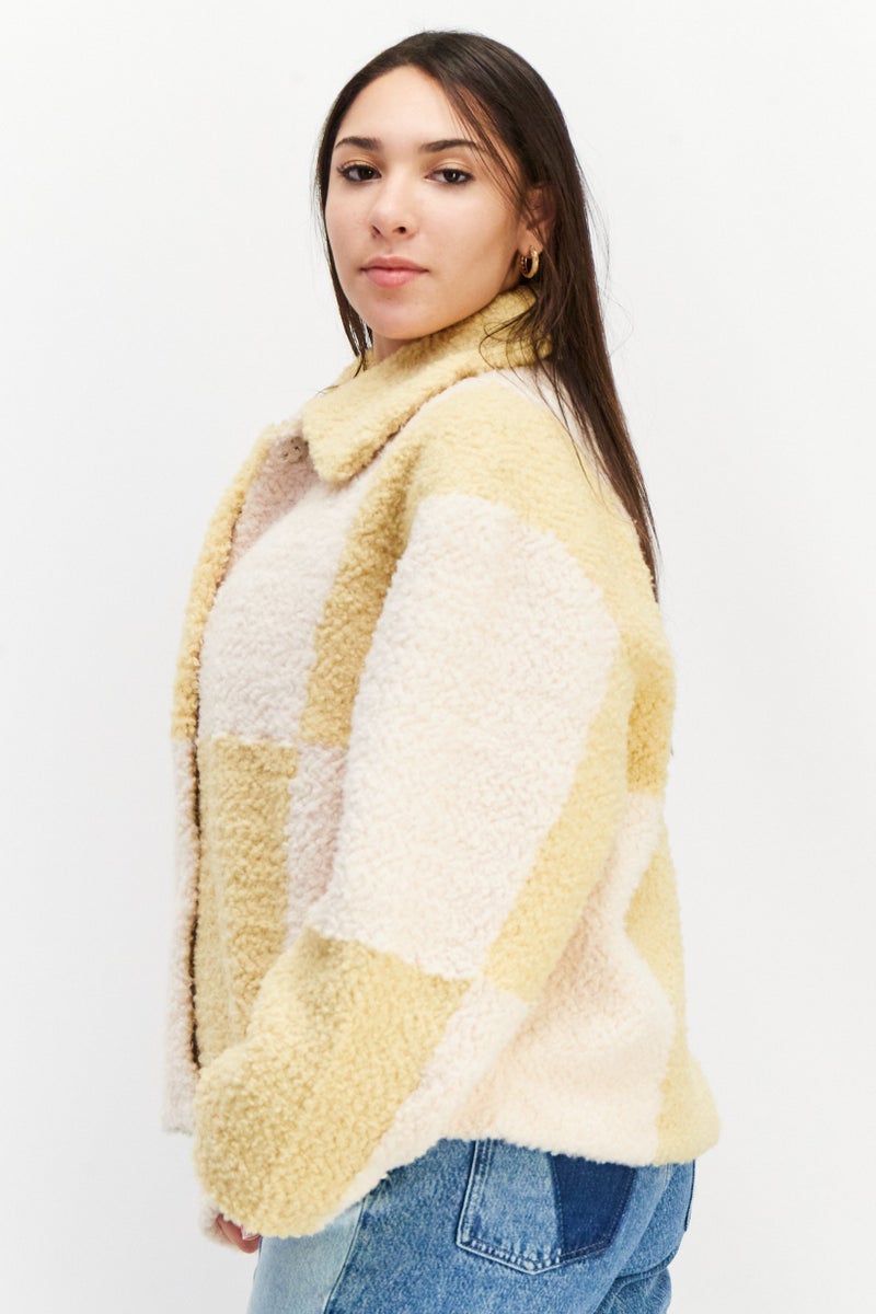 Women Spread Collar Textured Sweater, Yellow/White