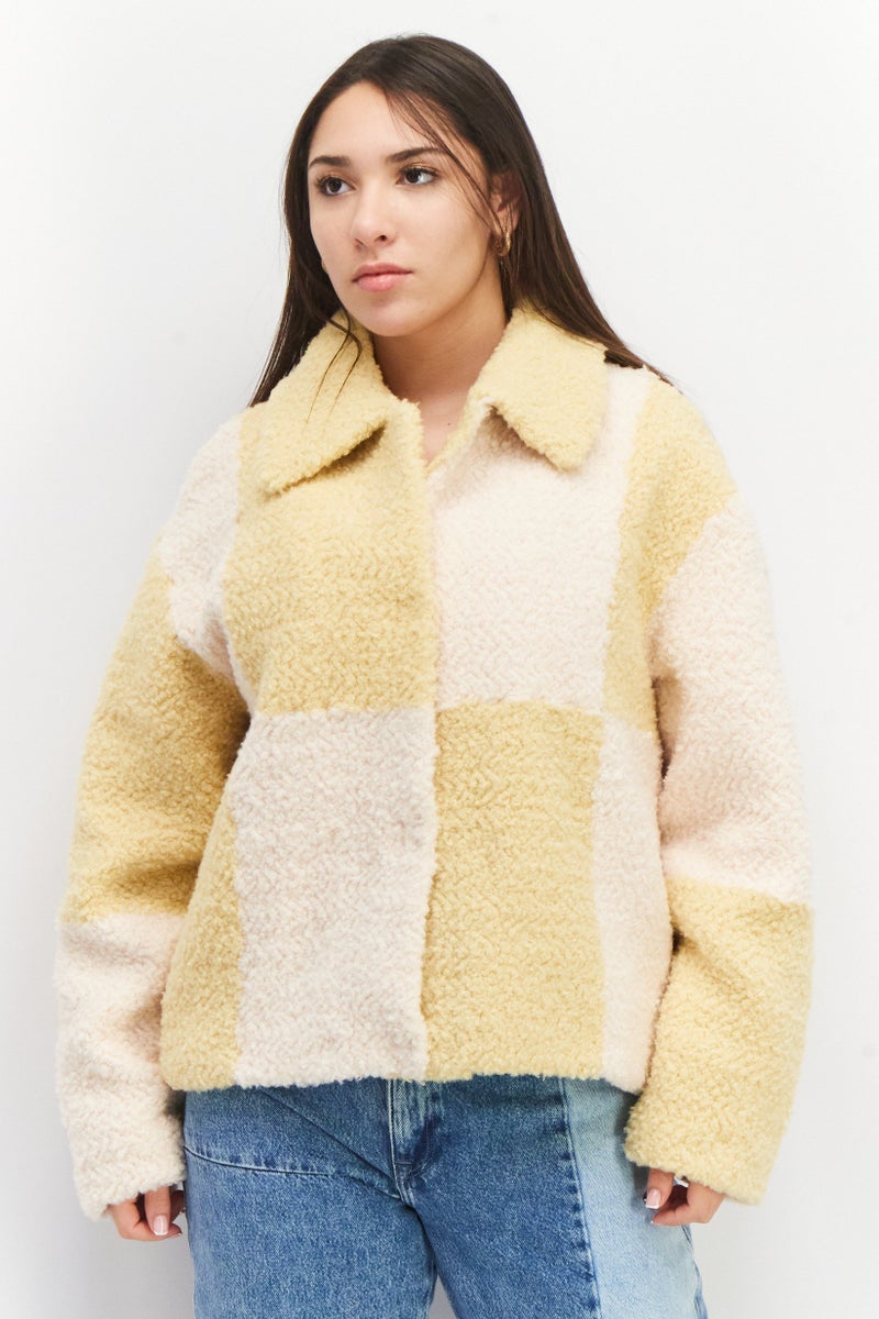 Women Spread Collar Textured Sweater, Yellow/White