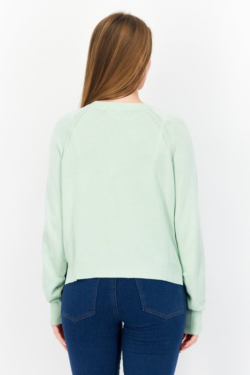 Women Round Neck Long Sleeves Plain Sweater, Mint