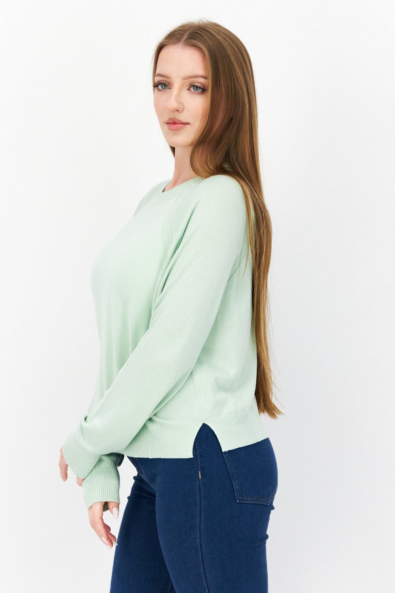 Women Round Neck Long Sleeves Plain Sweater, Mint
