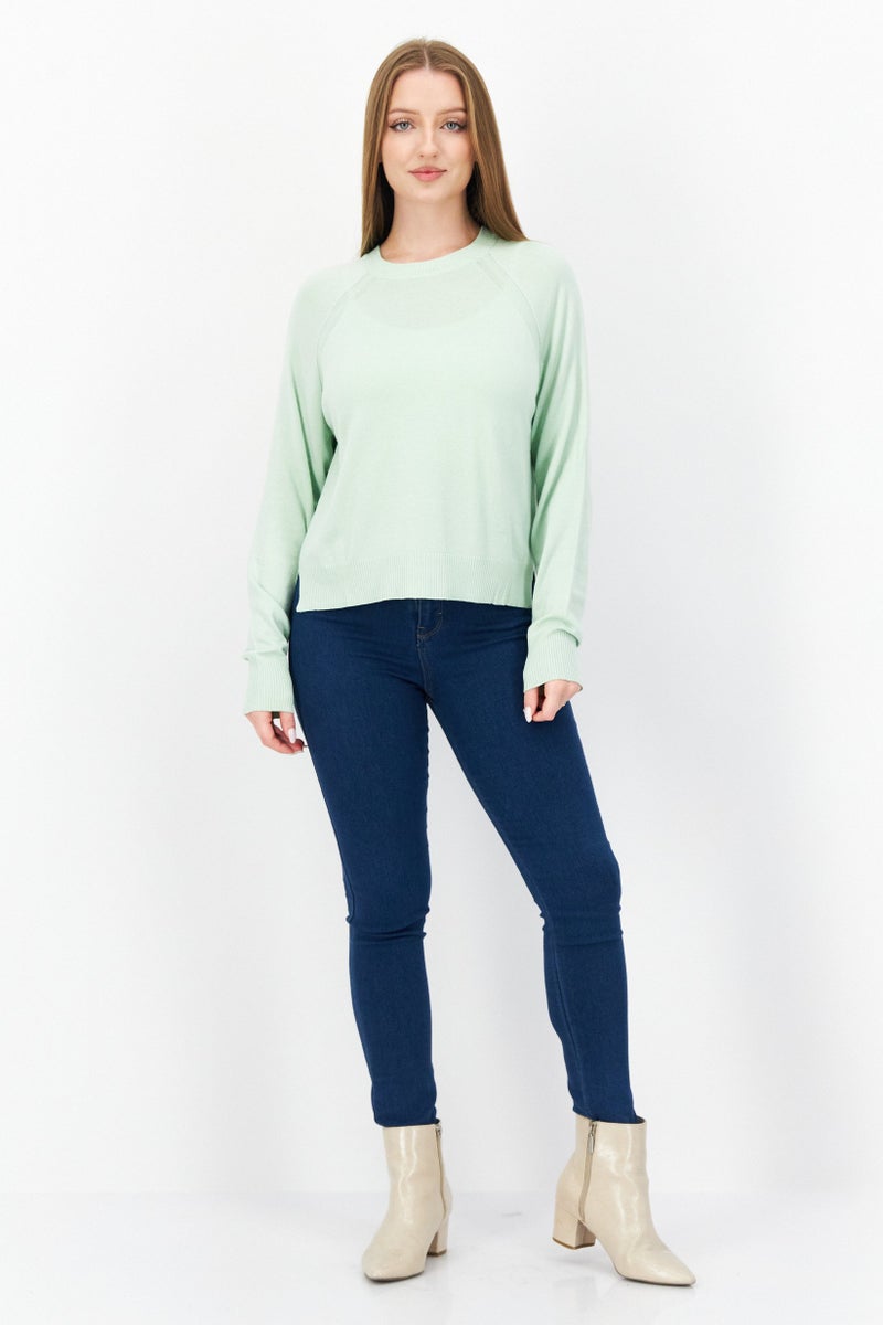 Women Round Neck Long Sleeves Plain Sweater, Mint
