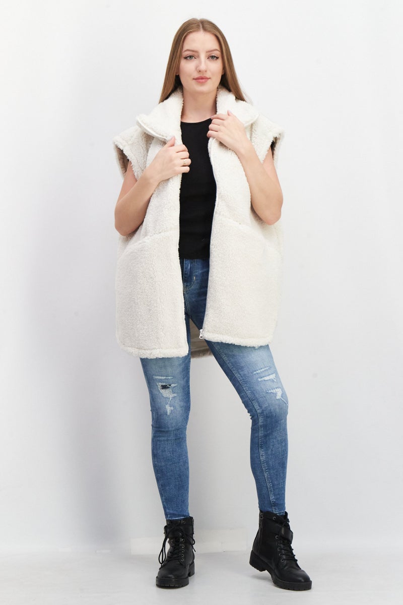 Women Textured Sleeveless Faux Fur Vest, Off White