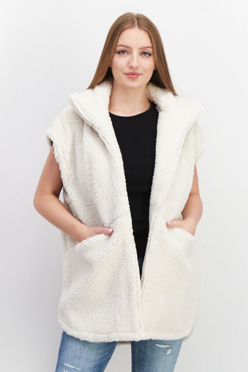 Women Textured Sleeveless Faux Fur Vest, Off White