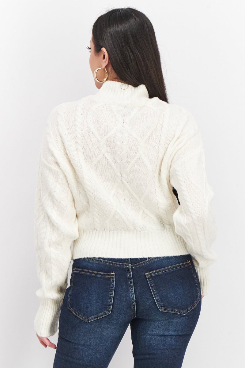 Women Mock Neck Knitted Sweater, Off White