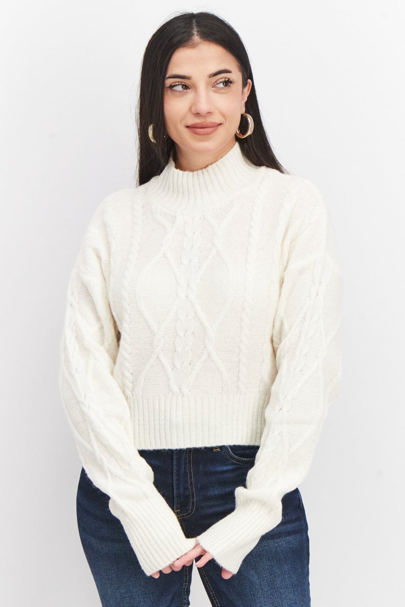 Women Mock Neck Knitted Sweater, Off White