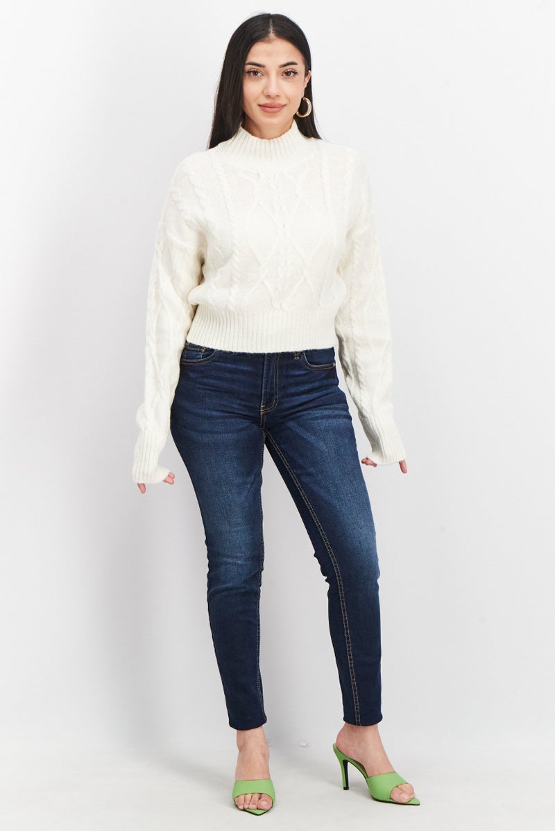 Women Mock Neck Knitted Sweater, Off White