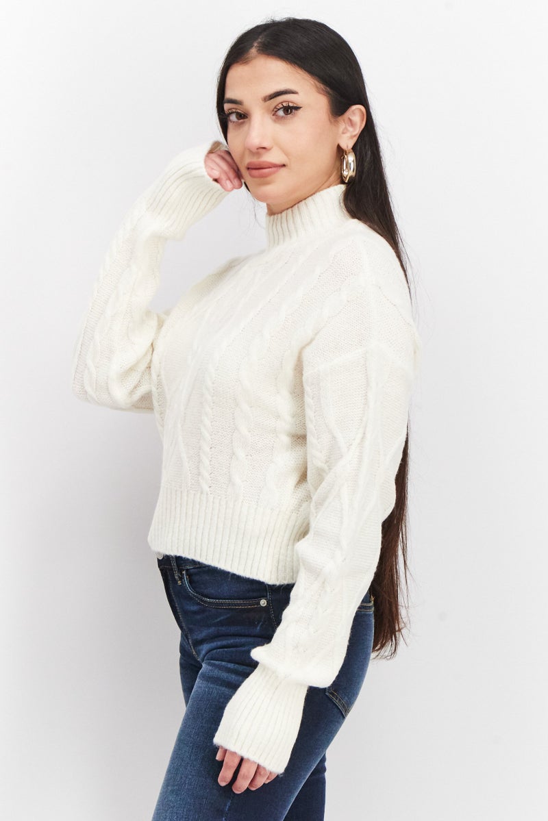 Women Mock Neck Knitted Sweater, Off White