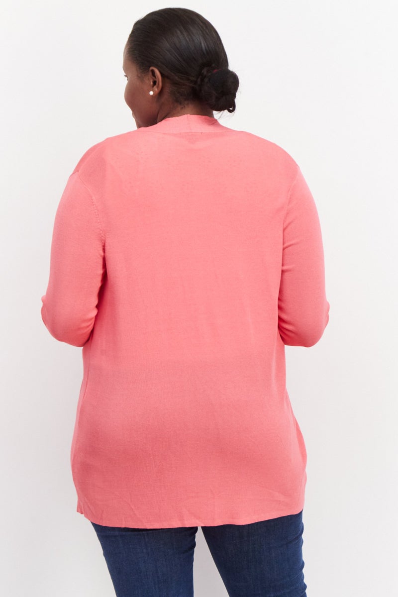 Women Plus Size Open Front Long Sleeve Textured Cardigan, Pink