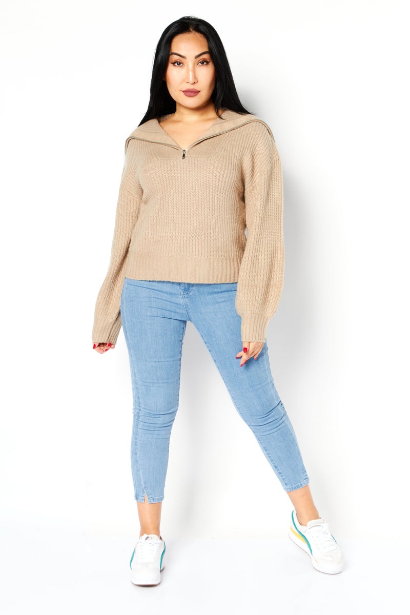 Women V-Neck Knitted Sweater, Heather Camel