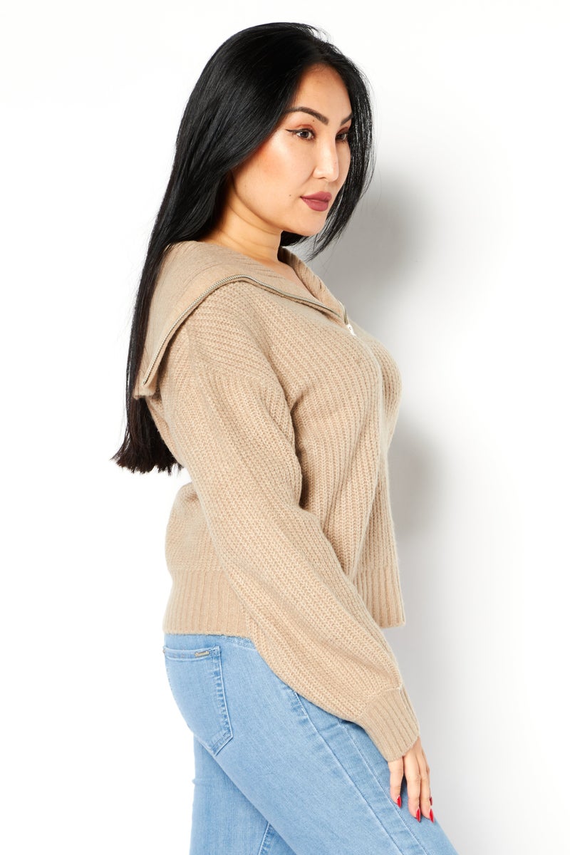 Women V-Neck Knitted Sweater, Heather Camel